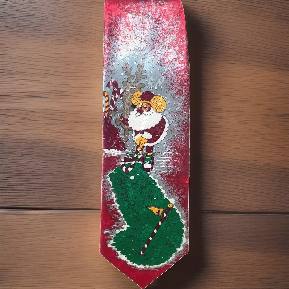 Santa Golfing Christmas Tie Mens Novelty Silk Blend Red Metallic